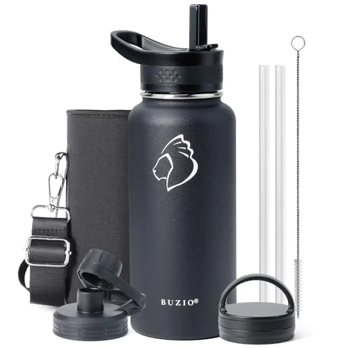 Fine Crafted 32 oz Water Bottle Insulated with Straw 3 Lids Organic