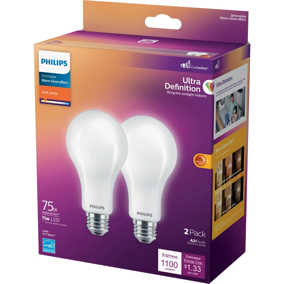 Philips Ultra Definition Warm Glow 75W Equivalent Soft White A21 Medium LED Light Bulb 2-Pack Carefully Designed