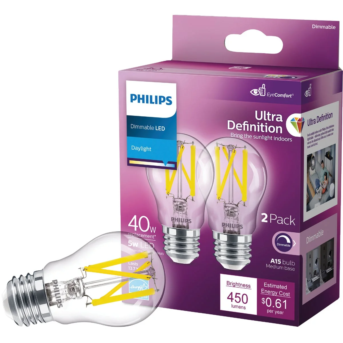 Fine Crafted Philips Ultra Definition 40W Equivalent Daylight A15 Medium Dimmable LED Light Bulb 2-Pack High-Grade