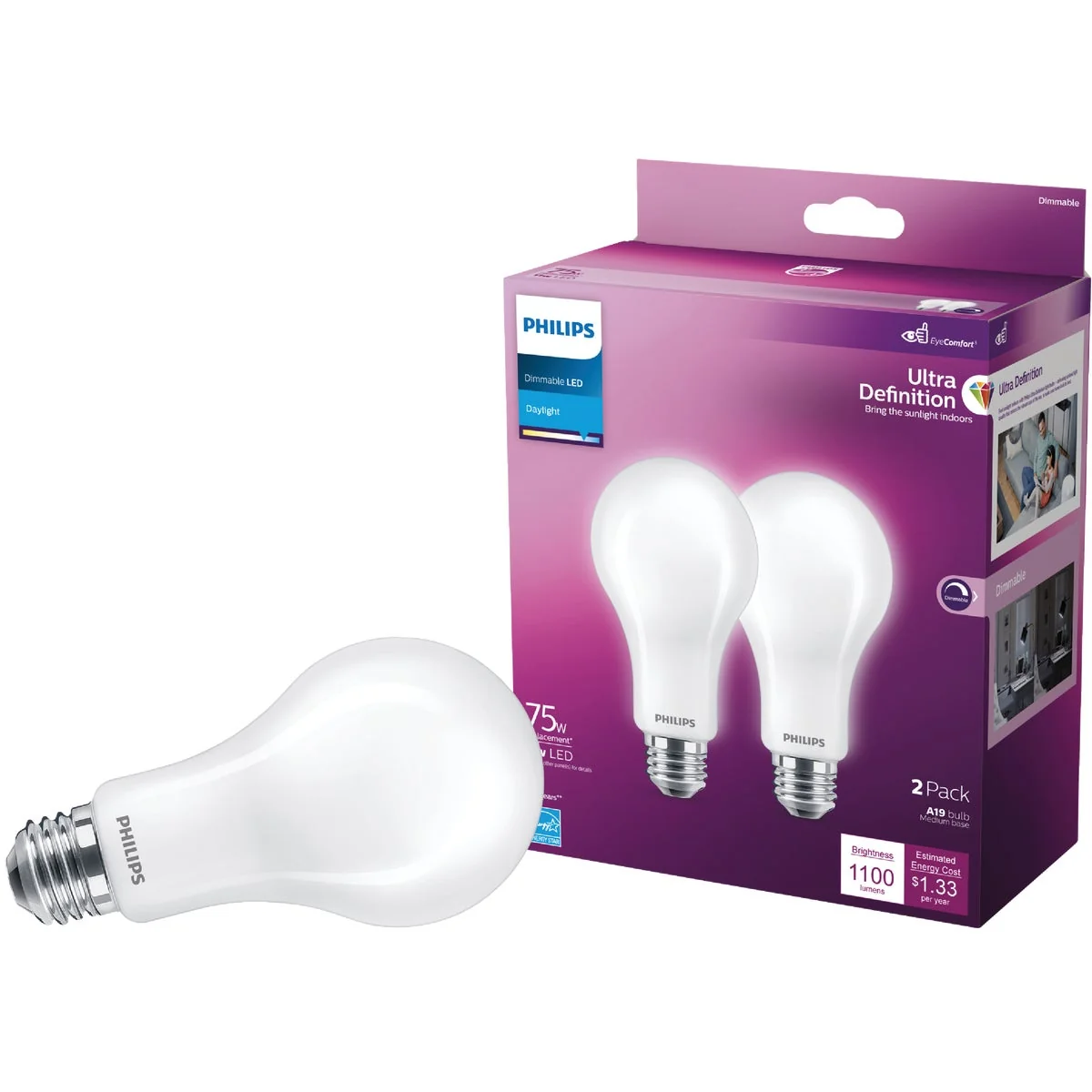 Traditional Philips Ultra Definition 75W Equivalent Daylight A19 Medium LED Light Bulb Frosted 2-Pack Solid