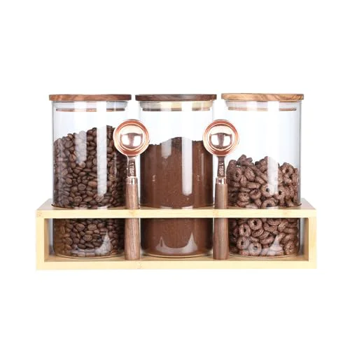 Top-Quality Sealed Glass Food Storage Containers with Airtight Wood Lids and Scoops for Kitchen Counter 3 Count Smooth