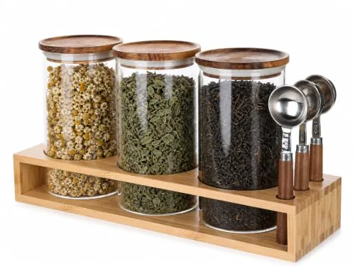 Sustainable KKC HOME ACCNETS Glass Canister Set with Bamboo Rack Scoops 5 Count Contemporary