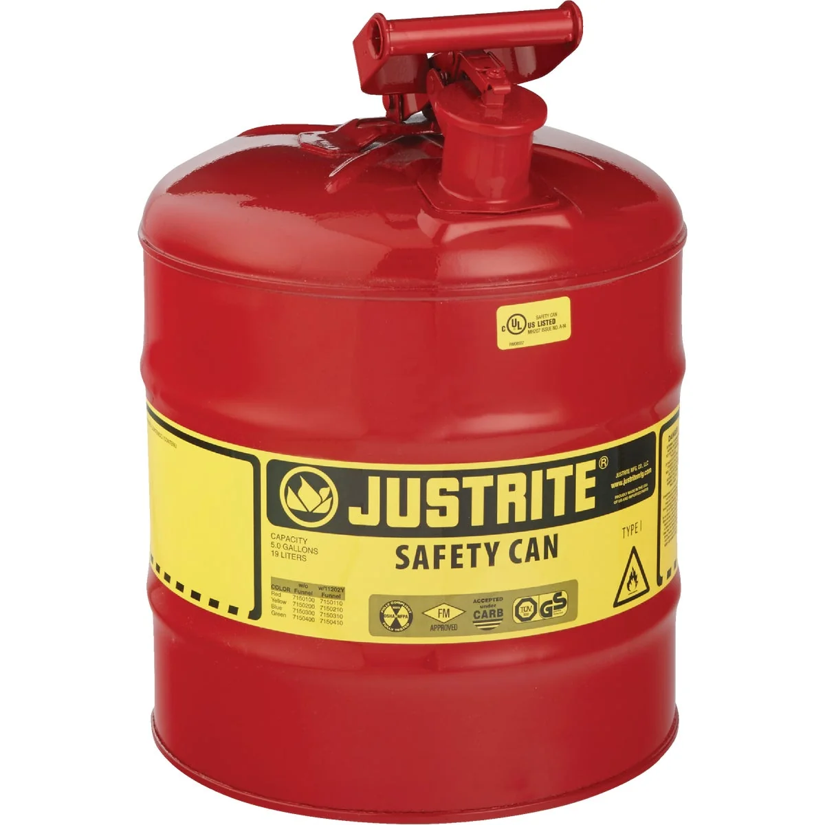 Smooth Justrite 5 Gal. Type I Galvanized Steel Safety Fuel Can Red