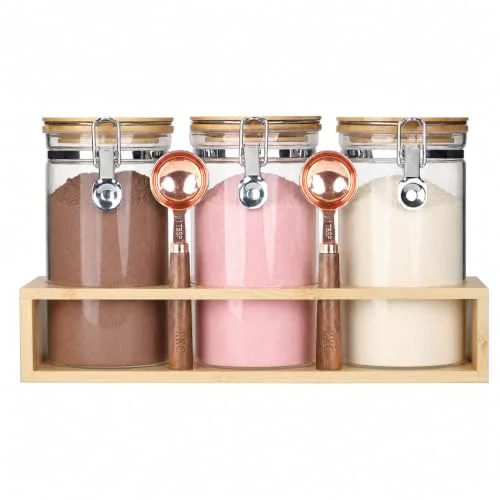 Dependable Glass Protein Powder Jars Set with Spoons Rack 3 Count Functional