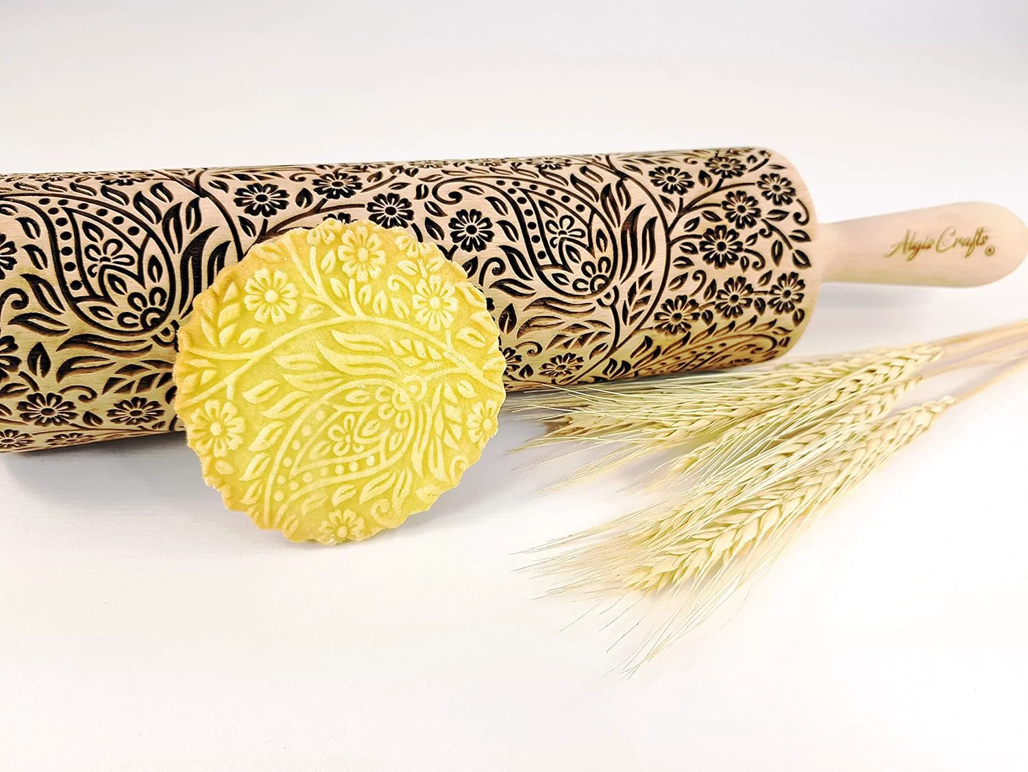 Official KASHMIR pattern Embossed Rolling Pin. Engraved Dough Roller with Paisley for Embossed Cookies and Pottery by Algis Crafts Dependable