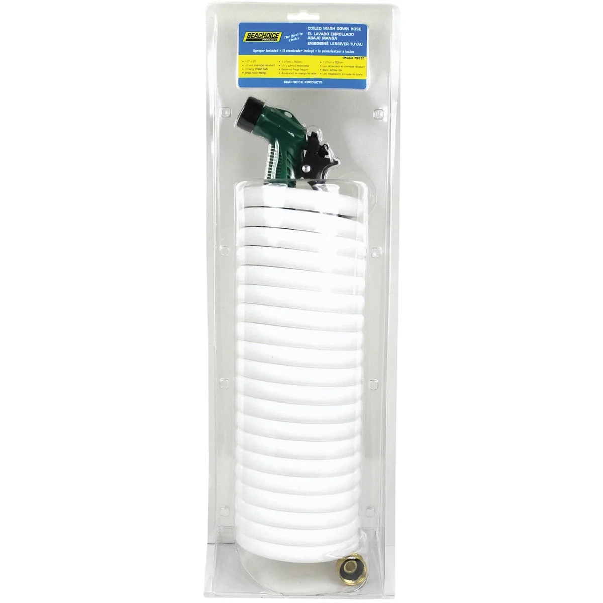 Smooth Seachoice 1 2 In. Dia x 25 Ft. L White Coiled Washdown Hose w Sprayer and Fittings Detailed