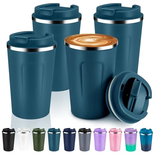 Fine Crafted 12 oz Double Wall Insulated Vacuum Travel Coffee Mug with Flip Lid Bulk 4 Pack 4 Count Solid