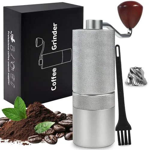 Innovative Manual Coffee Grinder Gift Box Detachable Stainless Steel Conical Burr Aluminum Coffee Bean Grinder with 25 Grinding Settings Cleaning Brush Grindable Espresso Moka Pot for Camping Silver Reusable