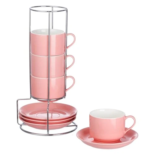 Durable 8 Ounce Stackable Cappuccino Cups with Saucers and Metal Stand 4 Count User-Friendly