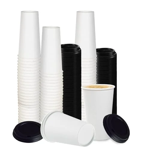 Casual White Disposable Paper Coffee Cups with Lids 50 Count Exclusive