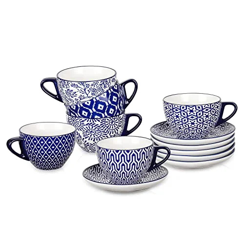Advanced Ceramic 8 oz Cappuccino Cup Set with Saucers 6 Count Elegant