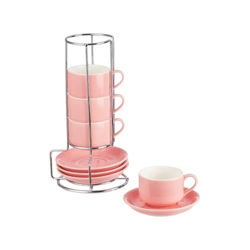 Smooth 2.5 Ounce Stackable Espresso Cups with Saucers and Metal Stand 4 Count Selected