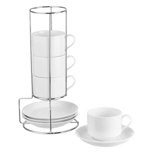 Unique 8 Ounce Stackable Cappuccino Cups with Saucers and Metal Stand 4 Count Versatile