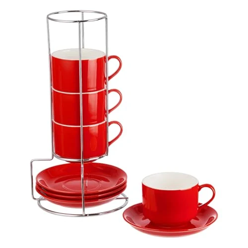 Exceptional 8 Ounce Stackable Cappuccino Cups with Saucers and Metal Stand 4 Count Classic
