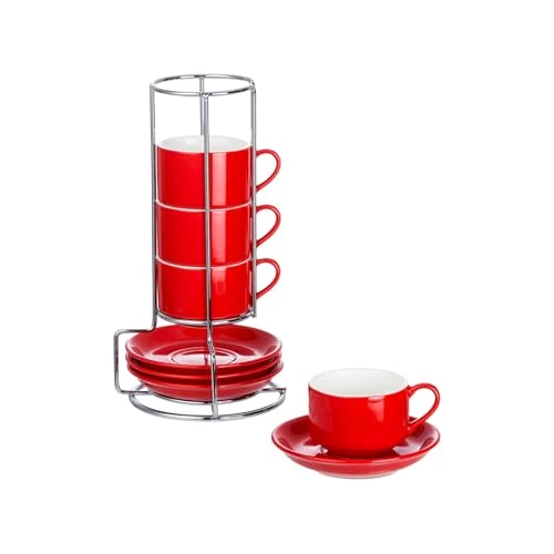 Convenient 2.5 Ounce Stackable Espresso Cups with Saucers and Metal Stand 4 Count Selected