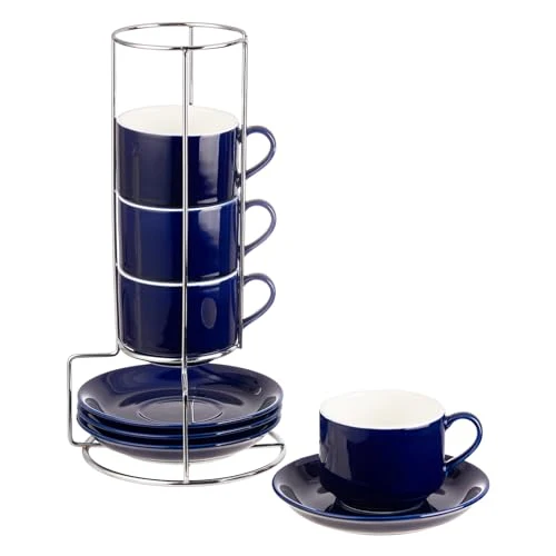 First-Class 8 Ounce Stackable Cappuccino Cups with Saucers and Metal Stand 4 Count Recyclable