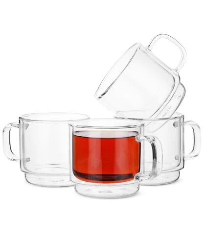 Environmentally Friendly BTaT Double Walled Stackable Glass Coffee Mugs 4 Count Natural