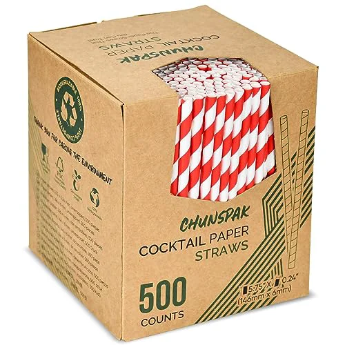 Recyclable 500 Counts Chunspak 5.75 inch Disposable Red White Striped Small Paper Straws for Cocktail Eco-Friendly