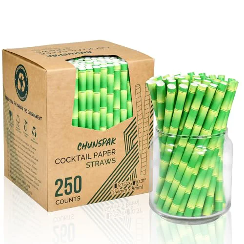 Detailed 5.75 x 0.31 Green Bamboo Disposable Paper Drinking Straws for Short Drinks 250 Count Superior