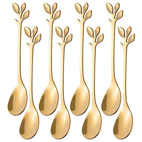 Detailed 8 Pack Elegant Gold Leaf 4.7 Espresso Spoons 8 Count Natural