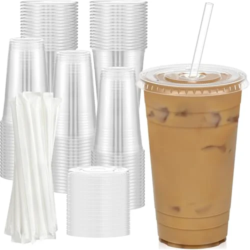 Effective 100 Pack 24 oz Clear Plastic Cups with Lids and Straws 100 Count First-Class