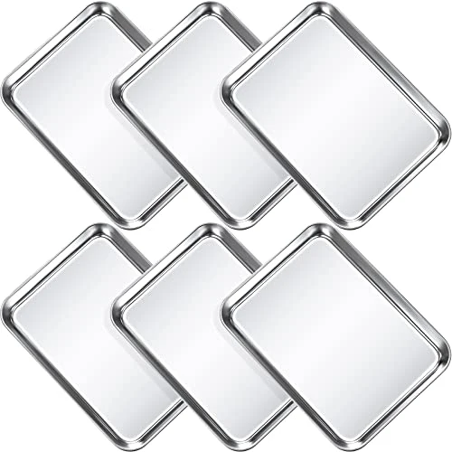 Refined 6 Pcs Baking Sheet Pan Set Stainless Steel Cookie Sheet Small Toaster Oven Pans Tray Barbecue Grill Pan Rectangle Trays Oven zer Bakery Crafted