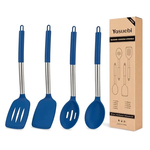 Sophisticated Kitchen Utensils Silicone Cooking Utensils Set for Nonstick Cookware Silicone Cooking Kitchen Utensils Set for Baking and Mixing Spatula Set BPA Dishwasher Safe Blue 4 Pack 4 Count Premium Material