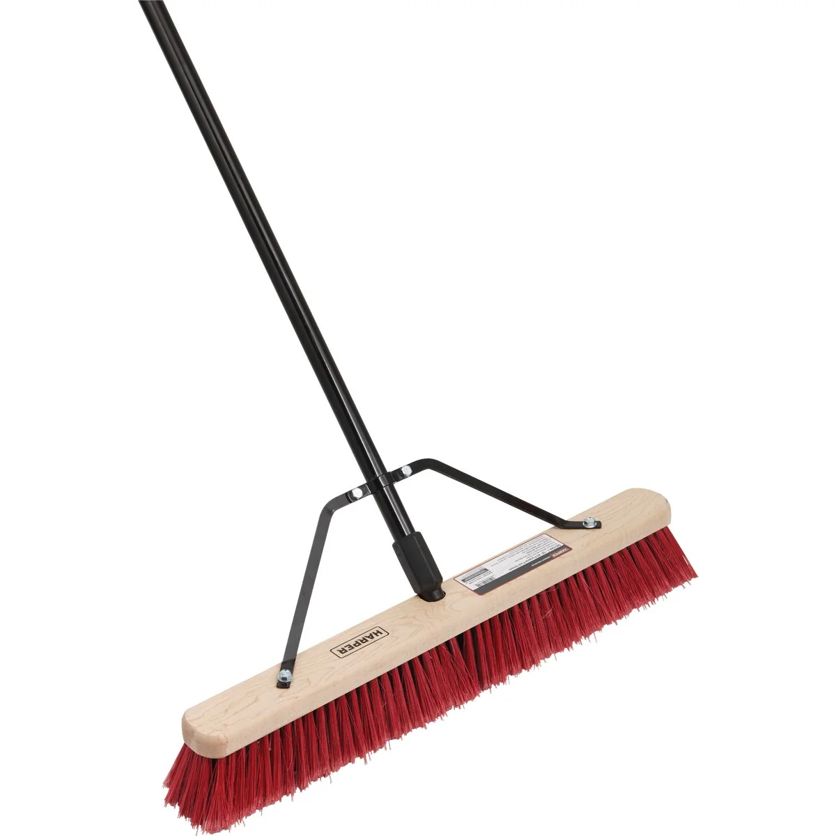 Official Harper 24 In. Red Bordered Indoor Outdoor Block Push Broom with 15 16 In. X 60 In. Threaded Metal Handle and Steel Brace Fine