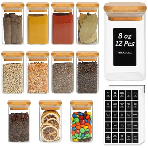 Exclusive Square Glass Spice Jars with Labels 8 oz 12 Pack with Bamboo Lids 12 Count Relaxed