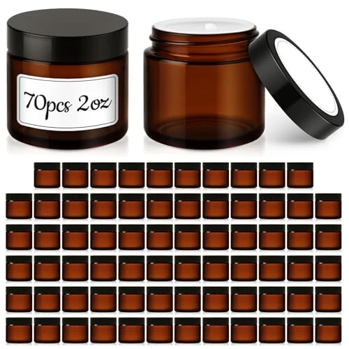 Premium Material 70 Pack 2 oz Amber Glass Jars with Lids 70 Count World-Class