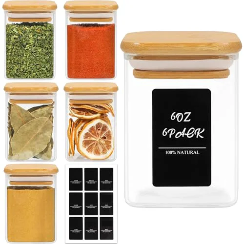 Efficient Glass Spice Jars with Labels 6 oz 6 Pack Small Square Bamboo Lids 6 Count Carefully Designed