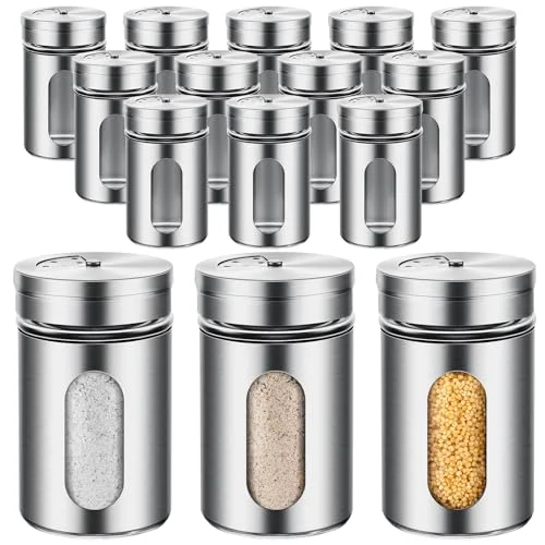 Powerful 12 Pcs Salt and Pepper Shakers Stainless Steel Spice Shakers with Adjustable Pour Holes and Glass Window 3.4oz Salt Dispenser Spice Jars with Rotating Lids for Sugar Seasoning Home 12 Count Fast