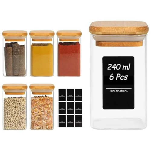 Responsible Glass Spice Jars with Labels 8 oz 6 Pack Square Bamboo Lids 6 Count Detailed