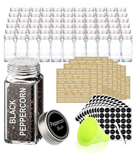Reusable 66 Pcs 4 oz Glass Spice Jars with Shaker Lids and 703 Spice Labels Secure