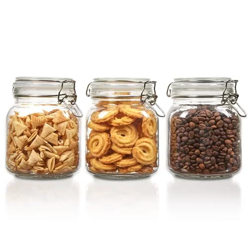 Exclusive 34oz Glass Food Storage Jars with Airtight Clamp Lids 3 Count Convenient
