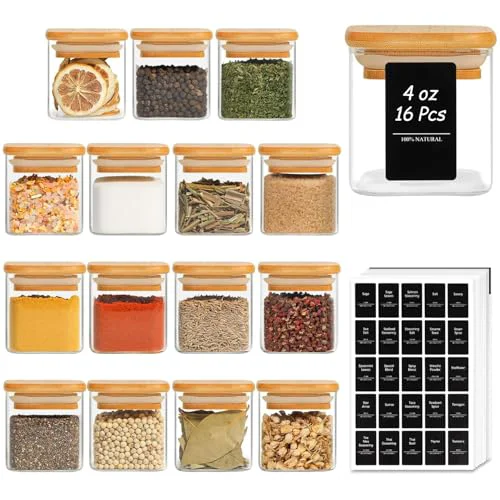 User-Friendly Square Glass Spice Jars with Labels 4 oz 16 Pack with Bamboo Lids 16 Count Enhanced