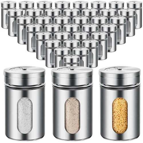 Minimalist 36 Pcs Salt and Pepper Shakers Stainless Steel Spice Shakers with Adjustable Pour Holes and Glass Window 3.4oz Salt Dispenser Spice Jars with Rotating Lids for Sugar Seasoning Home 36 Count Contemporary