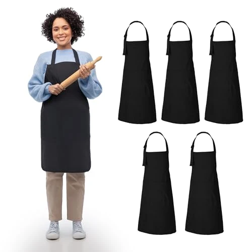 World-Class RAJRANG Black Apron Chef for Men and Women with Pockets Cotton Kitchen Cooking Full Aprons 35×27 Inches Pack of 5 5 Count Next-Generation
