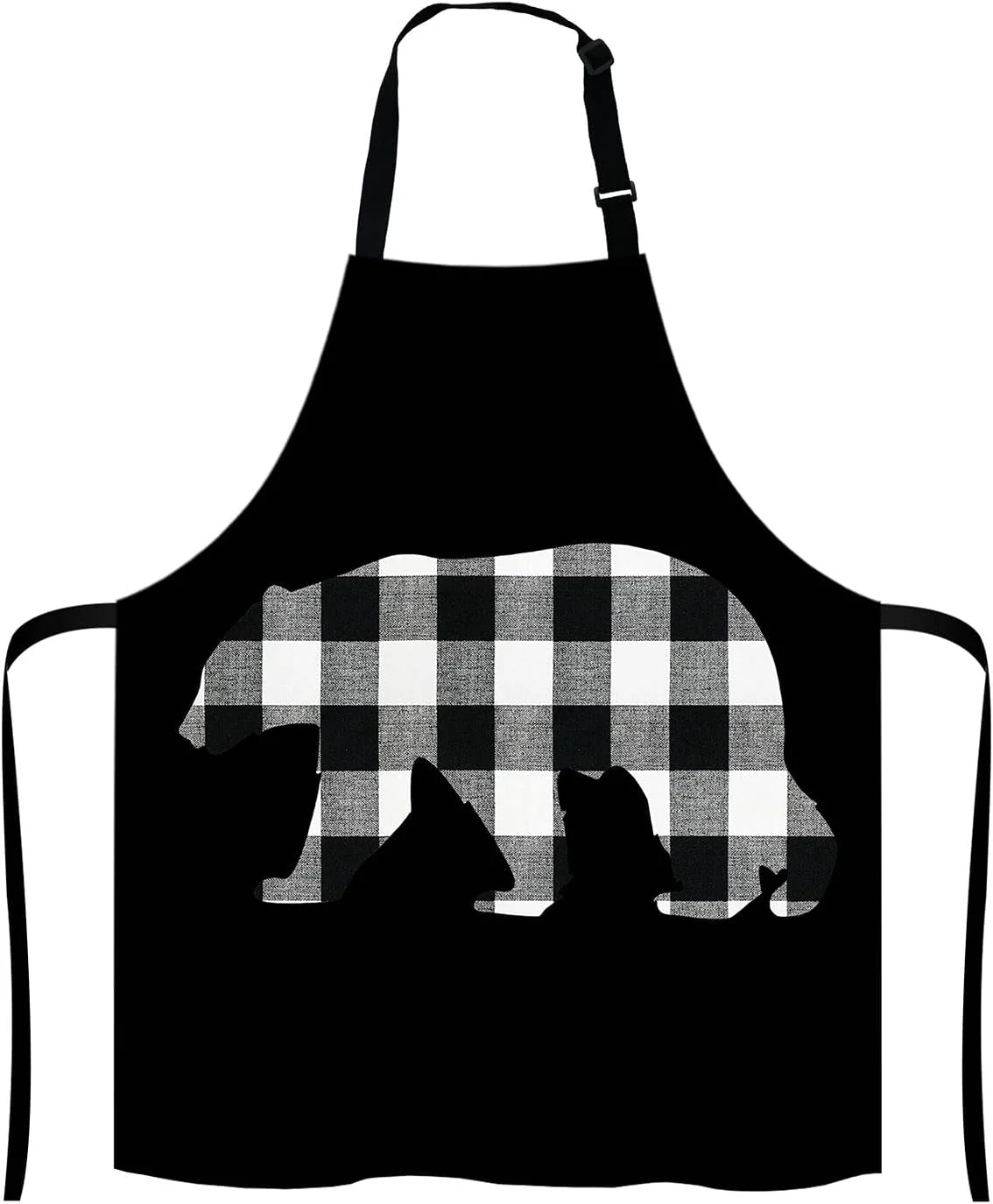 Stylish Black and White Buffalo Plaids Bear Apron Home Kitchen Waterproof Cooking Baking Gardening for Women Men High-Grade