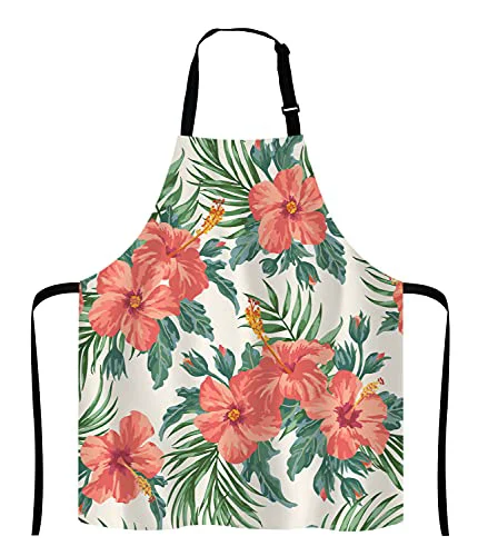Proven Tropical Leaves and Hawaiian Flower Bib Apron with Adjustable Neck for Men Women Reusable