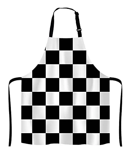 Easy-to-Use Black and White Art Design Checkered Bib Apron with Adjustable Neck for Men Women Relaxed