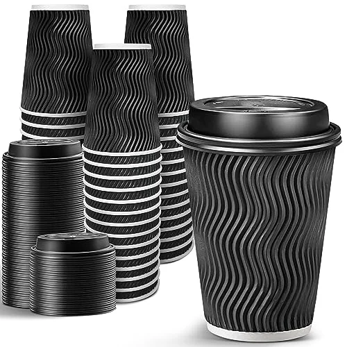 High-Grade 100 Pack 12 oz Disposable Insulated Coffee Cups with Lids 100 Count Solid