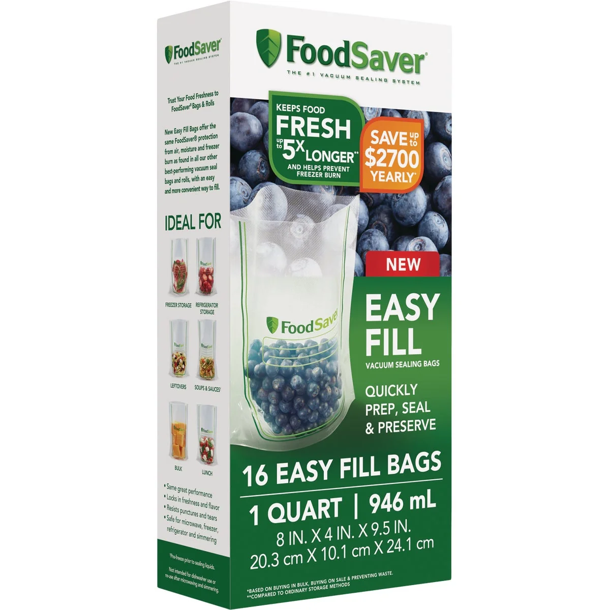Green FoodSaver Easy Fill Qt. Vacuum Sealer Bags 16-Count Consistent