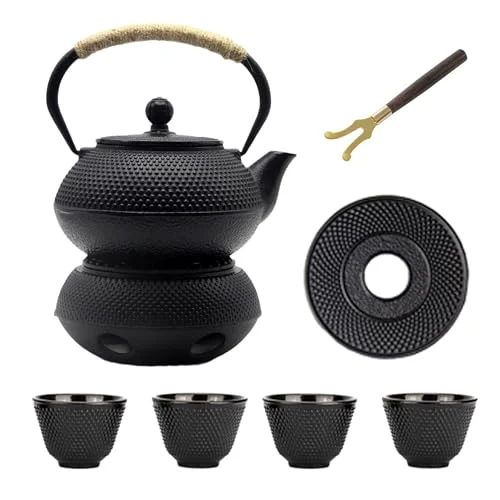 Easy-to-Use 30.4oz Small Cast Iron Teapot Set with Candle Warmer Genuine