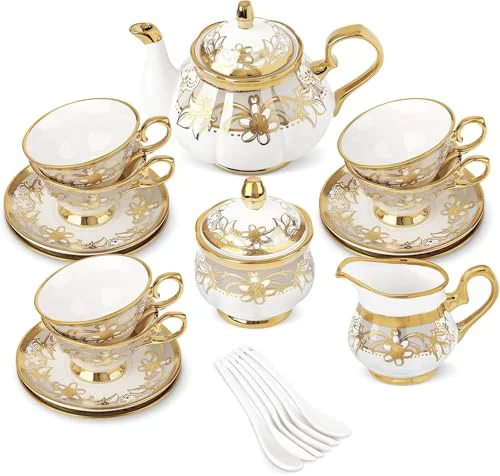 Versatile 21 Pieces Royal Floral Porcelain Tea Set with Sugar Bowl Creamer First-Class