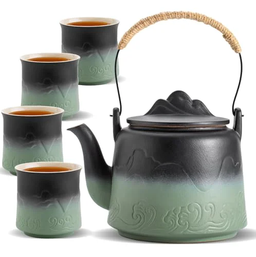 Natural Japanese Teapot Set with 4 Cups Fine Crafted
