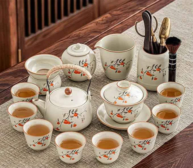 Powerful Ru Kiln Persimmon Pattern Tea Set Teapot Gaiwan and Cups-suit10 Soft