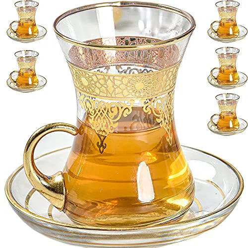 Practical Gold Turkish Arabic Moroccan Tea Glasses Cups Set of 6 and Saucers Glassware Drinking Women Party Fancy Drinkware Style Vintage Persian Kitchen Decor Drinks 6 Count Original Design