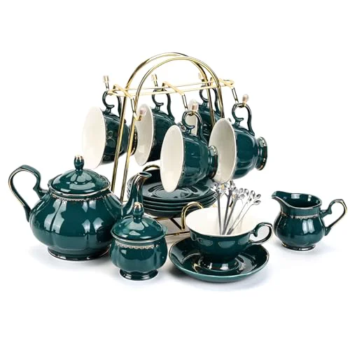 Healthy Tea Set 22 Piece Porcelain Ceramic Coffee Tea Sets Cups Saucer Service for 6 Teapot Sugar Bowl Creamer Pitcher and Teaspoons Porcelain Tea Set 22 Count Comfortable