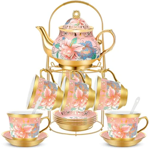 Fashionable 20 Pcs Adult Tea Party Set Porcelain with Metal Holder Reliable
